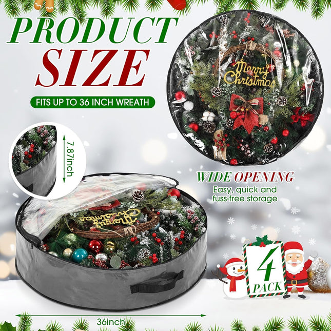 Aliceset 4 Pack Wreath Storage Containers, Storage Bags with Window and Handles, Durable Decoration Box Holder for Holid