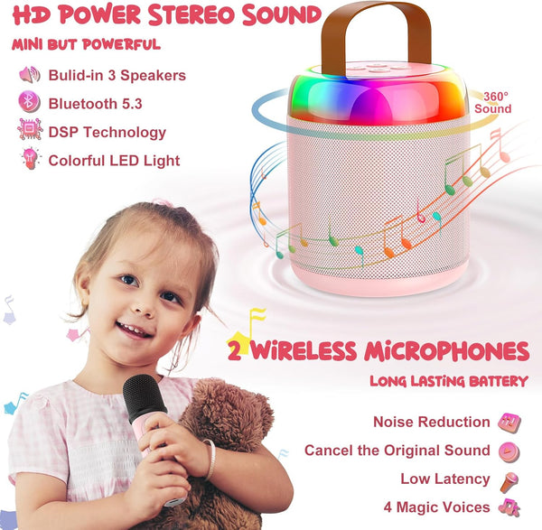 Mini Karaoke Machine for Kids Portable Bluetooth 5.3 Speaker Led Lights with 2 Wireless Microphones Karaoke Gifts for Girls Boys Audlt Birthday