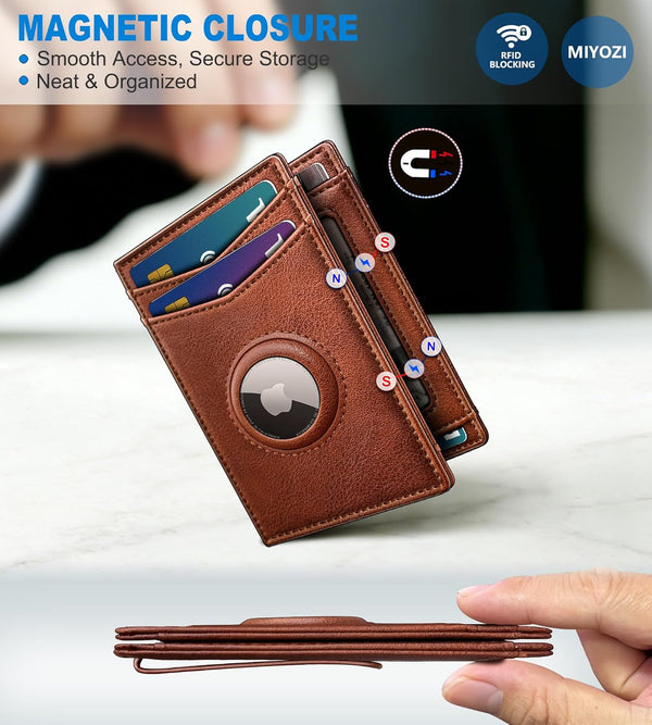Airtag Wallet for Men- with Money Clip Gift Boxed, Magnetic Closure Slim Genuine Leather Front Pocket Wallet, 3.9"X 2.7", RFID Blocking