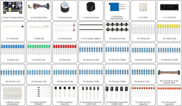 Basic Starter Kit for Arduino Project,Breadboard, Power Supply, Jumper Wires, Resistors, LED, Electronic Fun Kit Compatible with Arduino R3