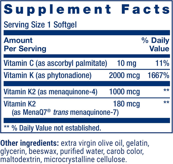Life Extension Super K, Vitamin K1, Vitamin K2 Mk-7, Vitamin K2 Mk-4, Vitamin C, Bone/Heart/Arterial Health, 3-Month Supply, Gluten-Free, 1 Daily,