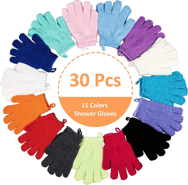 30 Pcs Exfoliating Gloves for Shower, 15 Colors Body Exfoliator Glove with Hanging Loop, Scrub Exfoliate Glove Mitt Bath