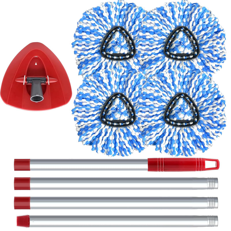 Spin Mop Head, Base, Handle Replacement for O-Ceda RinseClean 2 Tank System,4 Microfiber Mop Refills, 1 Base and 30-58in Handl Set Combo (Blue 2