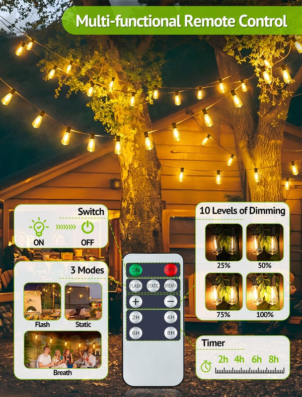 48FT Solar String Lights Outdoor with Remote, Waterproof Dimmable Patio Lights with 18+1 LED ST38 Bulbs 3 Modes Hanging Lighting for Backyard