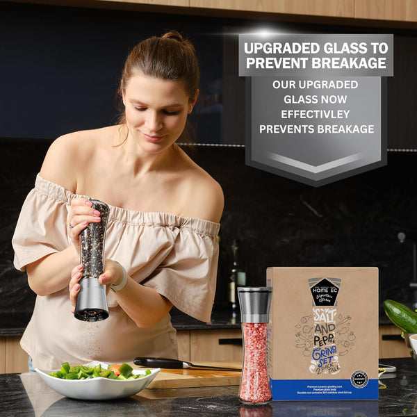 Home EC Premium Stainless Steel Sea Salt and Pepper Grinder Set of 2 - Adjustable Ceramic - Tall Glass Salt and Pepper Shakers - Kitchen Spice