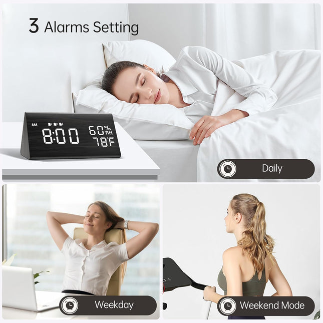 Digital Alarm Clock, with Wooden Electronic LED Time Display, 3 Alarm Settings, Humidity & Temperature Detect, Wood Made