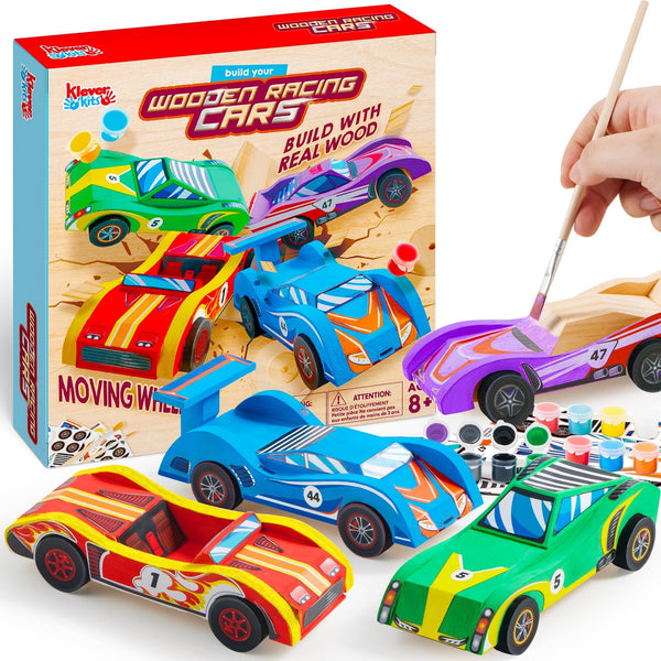 Klever Kits 4 DIY Wooden Race Cars-Build & Paint Your Own Wood Craft Kit, 4 Race Cars Toy, Easy to Assemble Arts Crafts Kit, Birthday Party