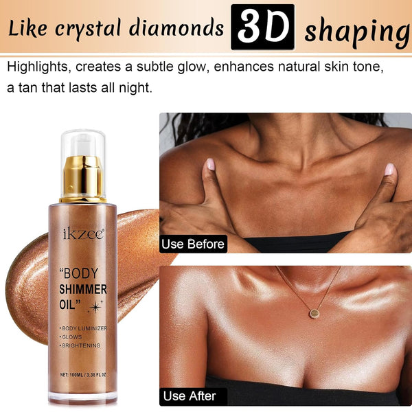 Shimmer Oil 100ml, Moisturizing Long Lasting Body Luminizer Face Brighten, Waterproof Liquid Illuminator Glow, Glitter Oil Highlighter Summer