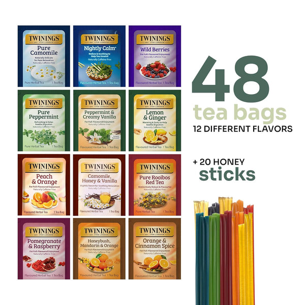 Tea Bunch Twinings 48 Tea Bags Herbal Variety Pack â 12 Herbal Flavors with 20 Honey Sticks, Perfect Tea Gift Set for Any Occasion