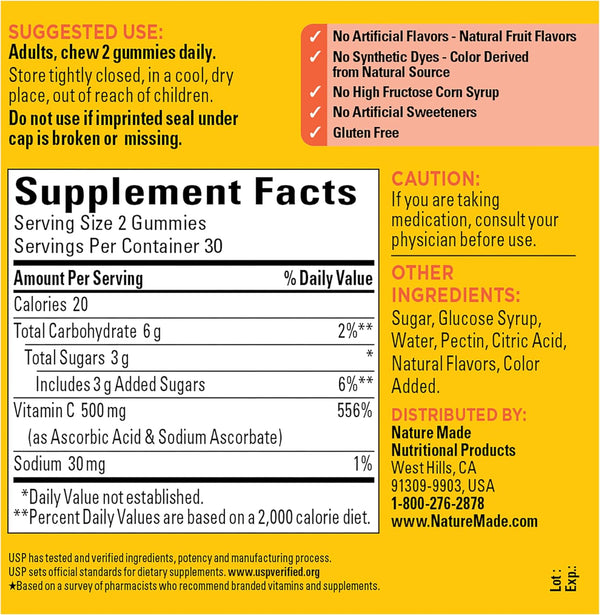 Nature Made Extra Strength Dosage Vitamin C 500 Mg per Serving, Dietary Supplement for Immune Support, 60 Gummies, 30 Day Supply