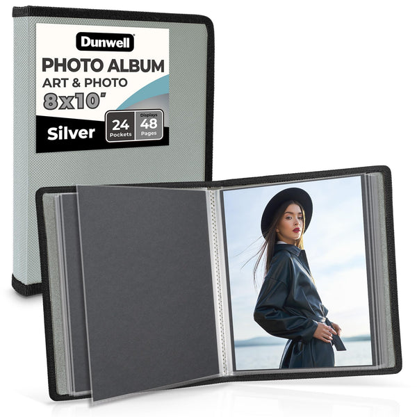 Dunwell Photo Album 8X10 (Silver) with Black Mounting Paper, 8 X 10 Photo & Art Portfolio Presentation Book, 24 Sleeves, Displays 48 Pages,