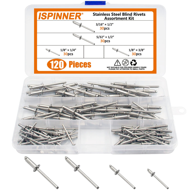 ISPINNER 120Pcs 304 Stainless Steel Blind Rivets, Pop Rivets Assortment Kit
