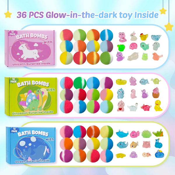 Bath Bombs for Kids with Toy Inside, 36 Pcs Bath Bombs with Glow in the Dark Dinosuar, Animal and Ocean Surprise Inside, Handmade Organic Bubble