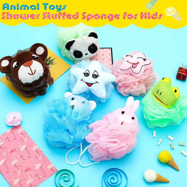 Boao 8 Pieces Kids Bath Loofahs Animal Bath Sponge Cartoon Shower Loofahs Cute Pouf Mesh Body Loofah Colorful Body Scrubber Shower Balls for Boys