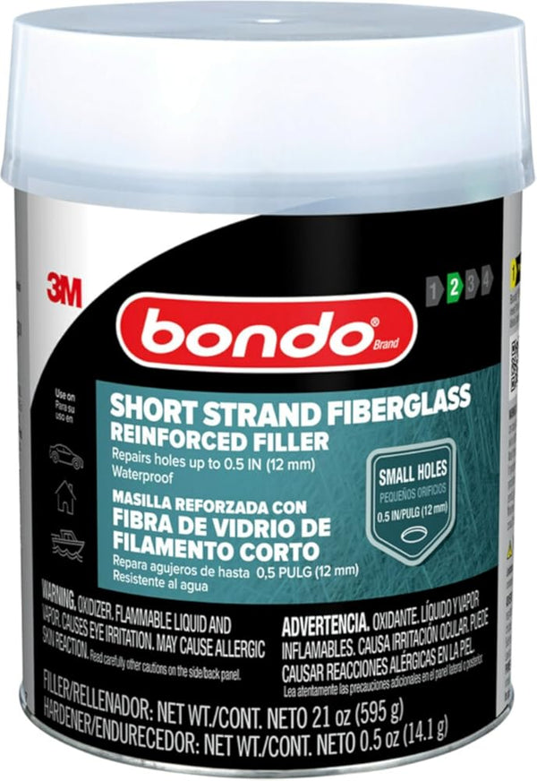 3M Bondo Short Strand Fiberglass Reinforced Filler 21 Oz (595.34 G) with Bondo Cream Hardener 0.5 Oz (14G), Repair Holes up to 0.5 IN, Waterproof