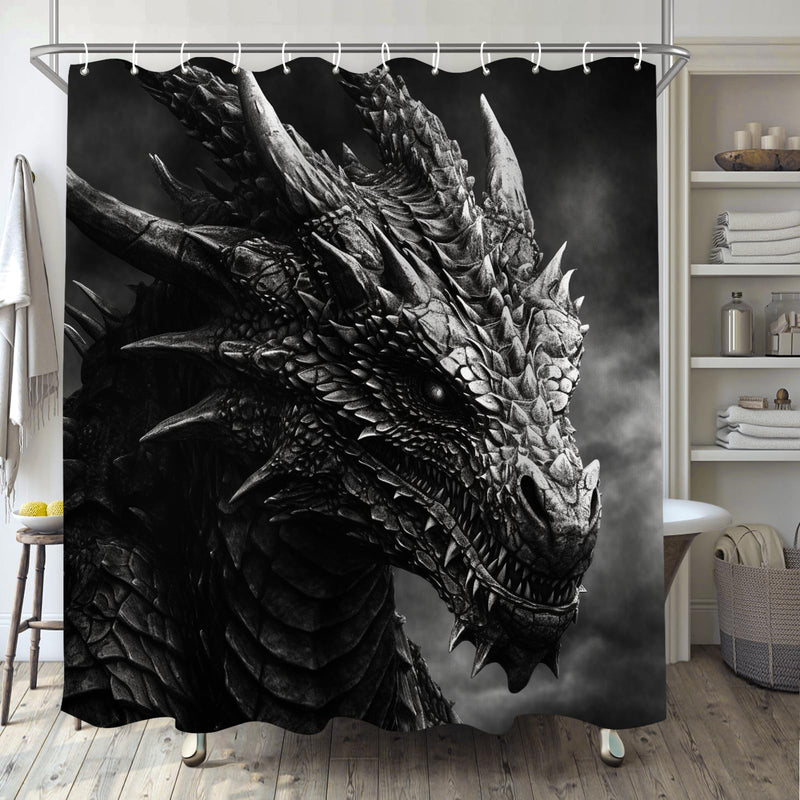 Dragon Shower Curtain for Bathroom, Black and White Boho Shower Curtain Set, Animal Fabric Modern Waterproof Bathroom Decor with 12 Hooks 72X72In