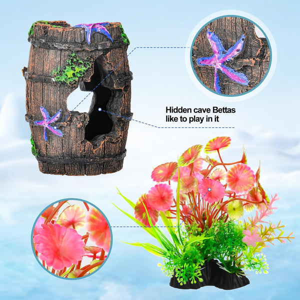 Cousduobe Fish Broken Barrel Decor Fish Tank Decorations Betta Fish Tank Accessories,Starfish Barrel X 1Pc, Fish Tank Plants X 8Pcs