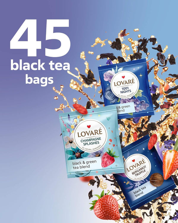 LOVARE Black and Green Tea Bags Variety Pack - Made in Ukraine Tea Sampler - Individually Wrapped 90 Assorted Tea Bags - Gift Box for Tea Lovers