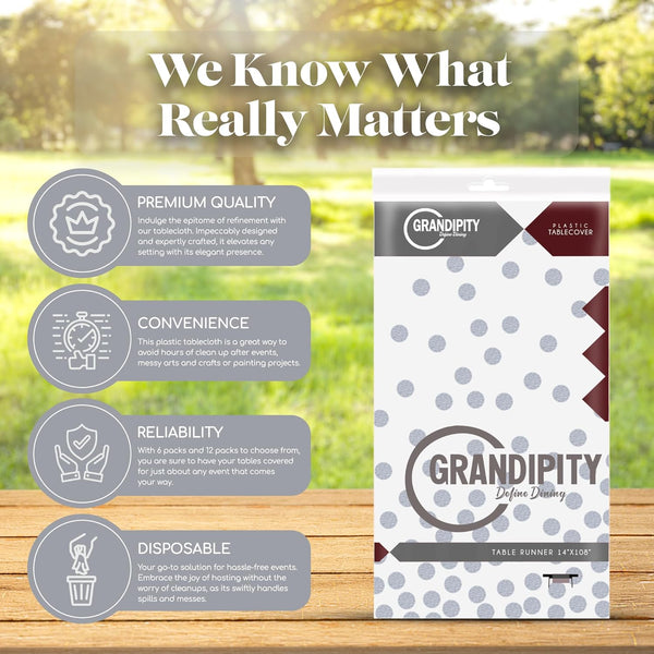 Grandipity Grey Dot on White 12 Pack Premium Disposable Plastic Tablecloth 54 Inch X 108 Inch. Decorative Rectangle Table Cover