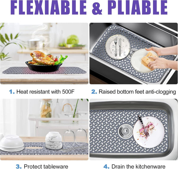 JUSTOGO Silicone Sink Protector, Non-Slip Heat Resistant Kitchen Sink Mat Grid Accessory, Center Drain (24.8"X 13"), Grey