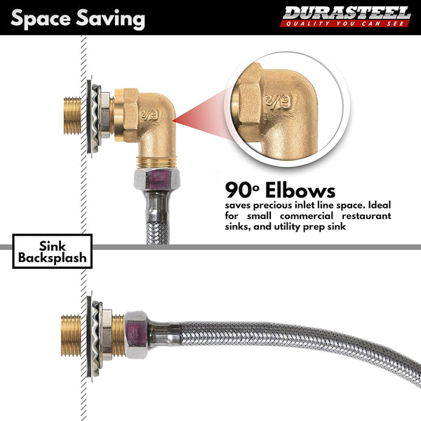 Durasteel Wall Mount Faucet 90-Degree Elbow - Commercial Kitchen Faucet Space Saving Backsplash Kit - Heavy Duty 1/2" IPS Female X 1/2" IPS Male