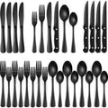 24-Piece Black Silverware Set with Steak Knives, Black Flatware Set for 4, Food-Grade Stainless Steel Tableware Cutlery Set, Mirror Finished