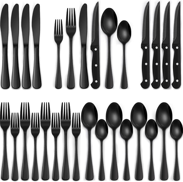 24-Piece Black Silverware Set with Steak Knives, Black Flatware Set for 4, Food-Grade Stainless Steel Tableware Cutlery Set, Mirror Finished