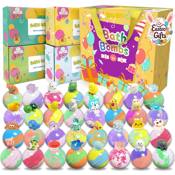 Bath Bombs for Kids with Surprise Inside, 32 Pack Bath Bombs with Land & Sea Animal Toys, Handmade Fizzy Bubble Children Bath Ball Gift Set for