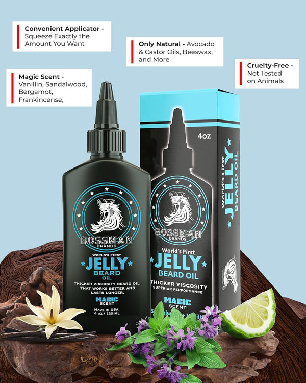 Bossman Jelly Beard Oil for Men (4 Oz, Magic Scent) â Softens, Moisturizes & Conditions with Natural Ingredients