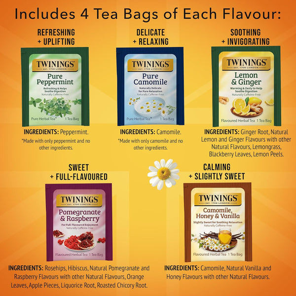 Twinings Herbal Tea Variety Pack, 20 Count (Pack of 1), Formerly Assorted Herbal, Includes 5 Flavours, Naturally Caffeine-Free, Enjoy Hot or Iced,