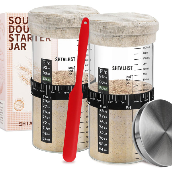 Sourdough Starter Jar Kit-1100Ml/39Oz, Sourdough Starter Kit, Sour Dough Starter Jar with Stainless Steel Lid, Thermometer, Silicone Scraper,