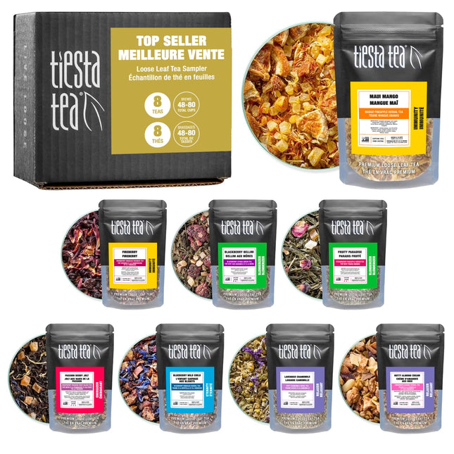 Tiesta Tea - Top 8 Favorites Sampler Set, Loose Leaf, Up to 80 Cups, High to No Caffeine, Hot & Iced, Tea Variety Pack w