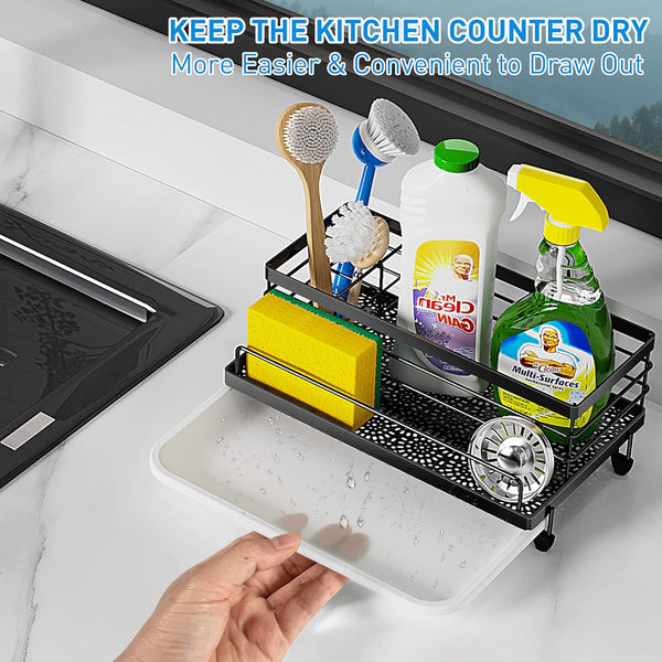 Cisily Large Black Sponge Holder for Kitchen, Sink Caddy Sink Organizer Rack for Kitchen Accessories with Drip Tray, Rustproof and Non-Slip, Soap