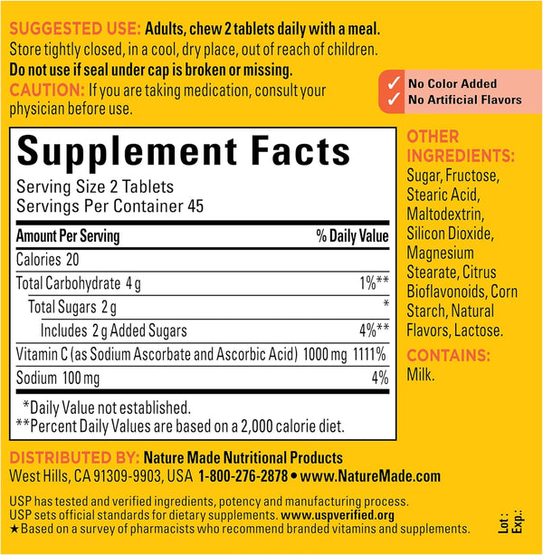 Nature Made Extra Strength Dosage Chewable Vitamin C 1000 Mg per Serving, Dietary Supplement for Immune Support, 90 Tablets, 45 Day Supply