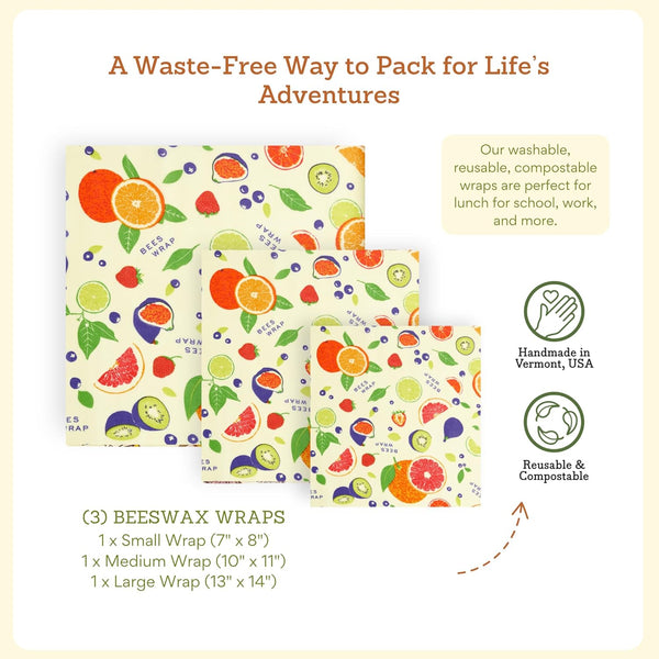 Bee'S Wrap Beeswax Wraps for Food - Fresh Fruit 3 Pack (S, M, L) Made in USA Reusable & Organic Food Wraps, Sandwich Wrap & Bowl Covers -