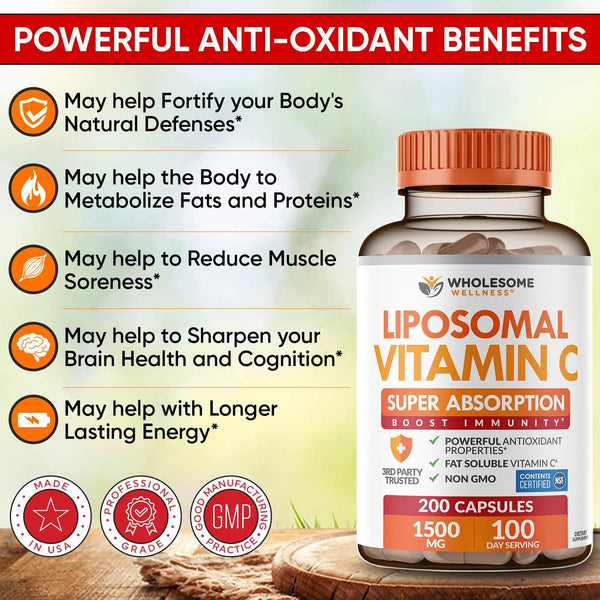 Wholesome Wellness Liposomal Vitamin C Capsules (200 Pills 1500Mg Buffered) High Absorption, Immune System & Collagen Booster, High Dose Fat