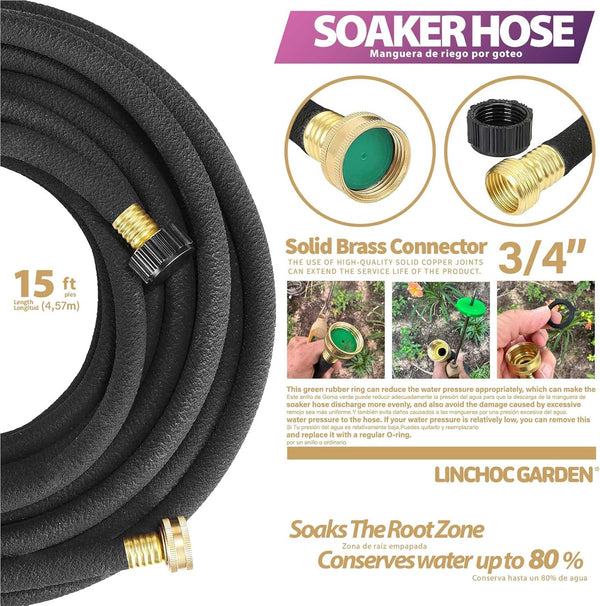 LICNCHOC GARDEN Soaker Hose 15 Ft,1/2 INCH Flexible Durable Garden Hose for Efficient Watering, Leak-Proof Design 100% Recycled Rubber,Ideal for