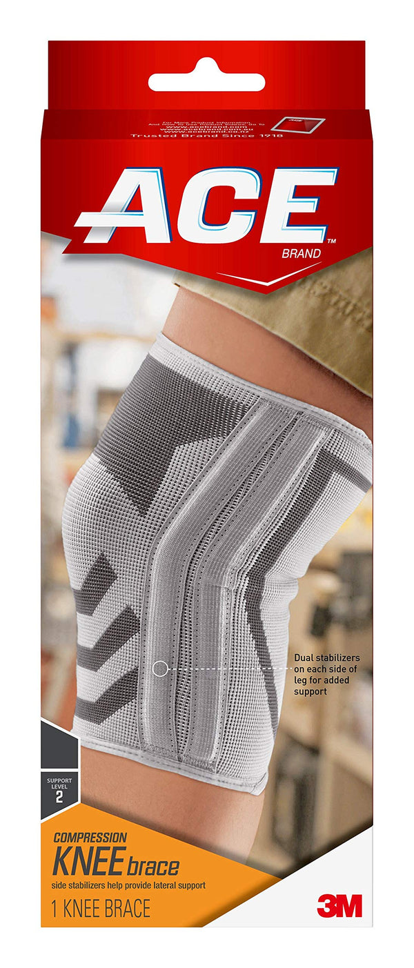 ACE Compression Knee Brace W/Side Stabilizers, Support Injured Knee with Mild Compression. Breathable Properties Let Sweat Escape, Small, White/Gray