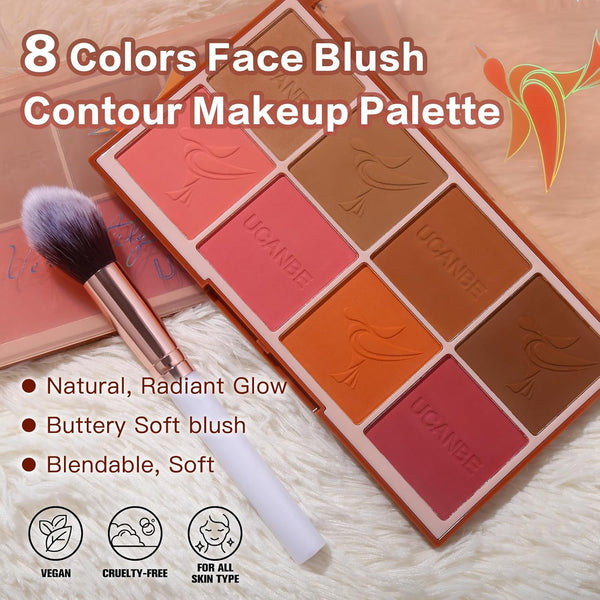 8 Colors Face Matte Blush Palette Shading Blusher with Brush - Buildable Facial Cheek Blusher Contour Bronzing Pressed Powder Makeup Pallet Women