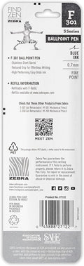 Zebra Pen F-301 Retractable Ballpoint Pen, Stainless Steel Barrel, Fine Point, 0.7Mm, Blue Ink, 2-Pack (27122)