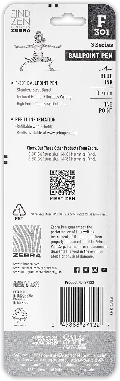 Zebra Pen F-301 Retractable Ballpoint Pen, Stainless Steel Barrel, Fine Point, 0.7Mm, Blue Ink, 2-Pack (27122)