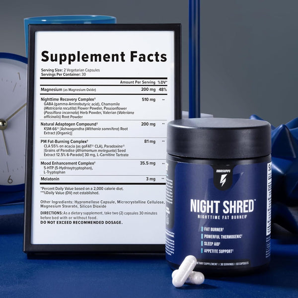 Night Shred Fat Burner and Natural Sleep Support | Ashwaganda, 5-HTP, CLA, Melatonin | Appetite Suppressant | Weight Loss Support Nighttime Fat