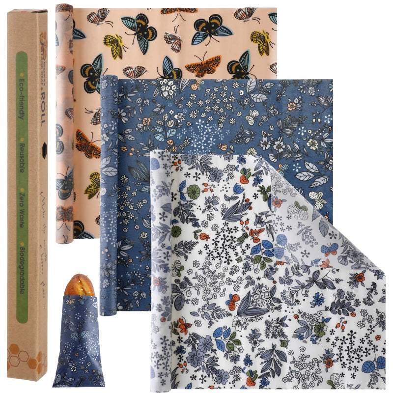 Moukeren 3 Rolls Beeswax Wraps for Food Assorted Organic Cotton Reusable Beeswax Food Wrap Sustainable Wax Paper Wrappers Plastic Silicone Free