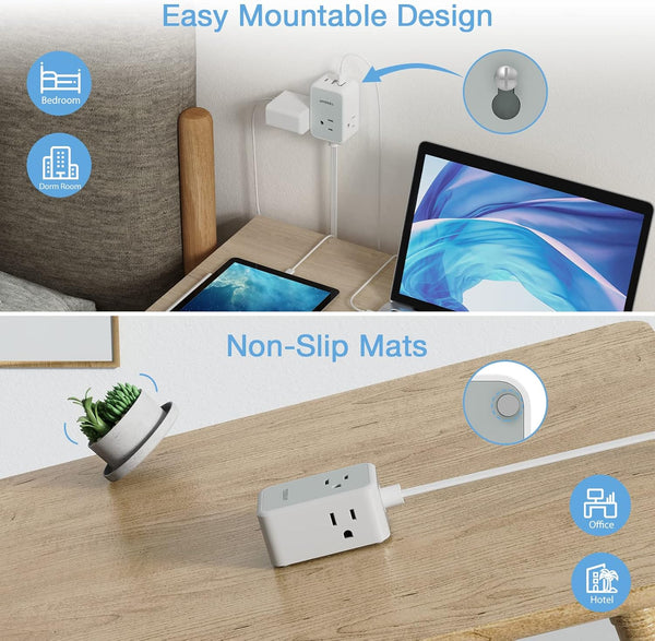 Small Flat Plug Power Strip, TESSAN Ultra Thin Extension Cord with 3 USB Wall Charger (1 USB C), 3 Outlets Mini Charging Station, 5 Ft Slim Plug