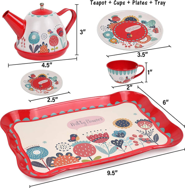 Tea Set for Little Girls, Pretend Play Tea Party Set, Floral Design Kids Tin Tea Set with Carrying Case (15 Pcs)
