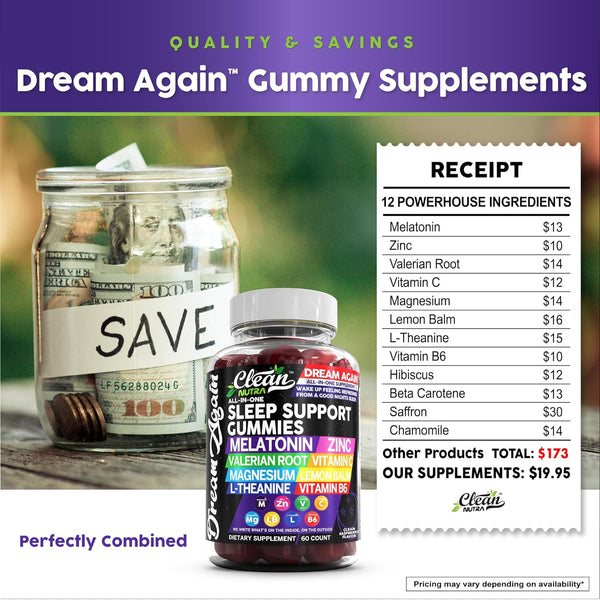 Clean Nutra Melatonin Gummies 10Mg | Sleep Aid Valerian Root L-Theanine Vitamin B6 C Lemon Balm Magnesium Hibiscus Beta Carotene Saffron &