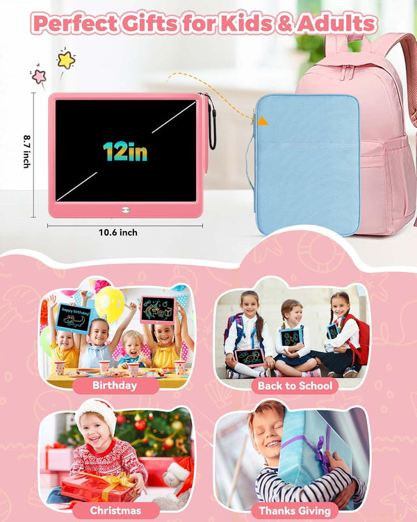 KOKODI 12 Inch LCD Writing Tablet with Anti-Lost Stylus, Erasable Doodle Board Colorful Toddler Drawing Pad, Car Travel School Games Toys for 3 4