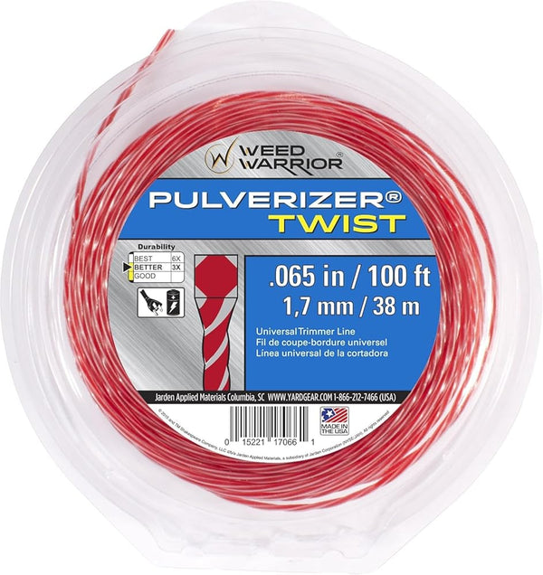 Weed Warrior Pulverizer Twist Universal Trimmer Line, 0.065" Diameter X 100', Red Core/Silver Tips