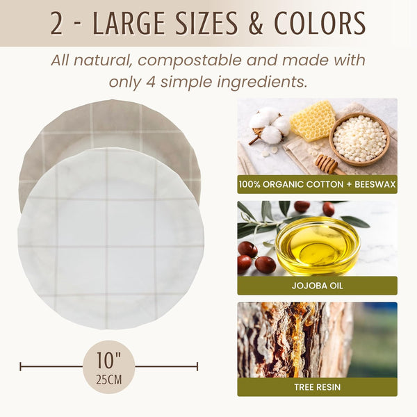 Nectar & Nest Reusable Bowl Covers for Bread Proofing (2 Lg) - Beeswax Bowl Covers Reusable, 100% Organic Cotton, Elastic Cover for Sourdough,