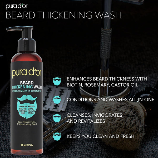 PURA D'OR 8 Oz Thickening Beard Wash - Biotin & Castor Oil Formula with Rosemary - Helps Enhance Moisture, Thickness & Shine, Helps Reduces